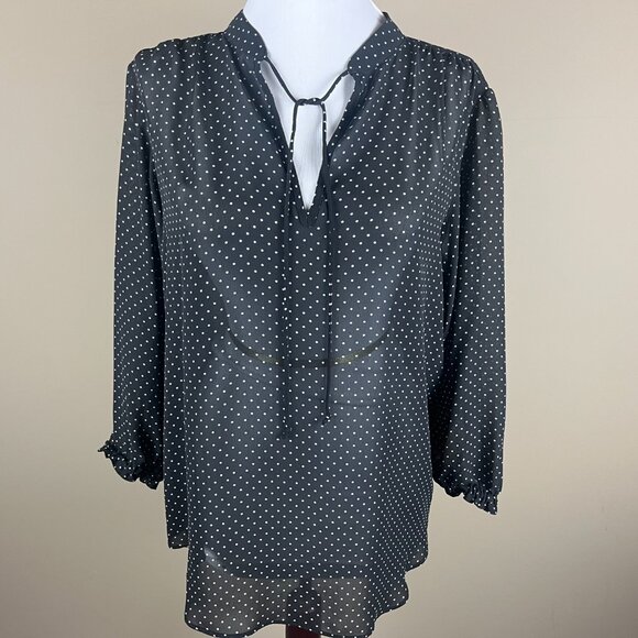 Chaps 3/4 Sleeve Blouse Size M Black White, Polka Dot Print, V-neck with Tie - Picture 2 of 8